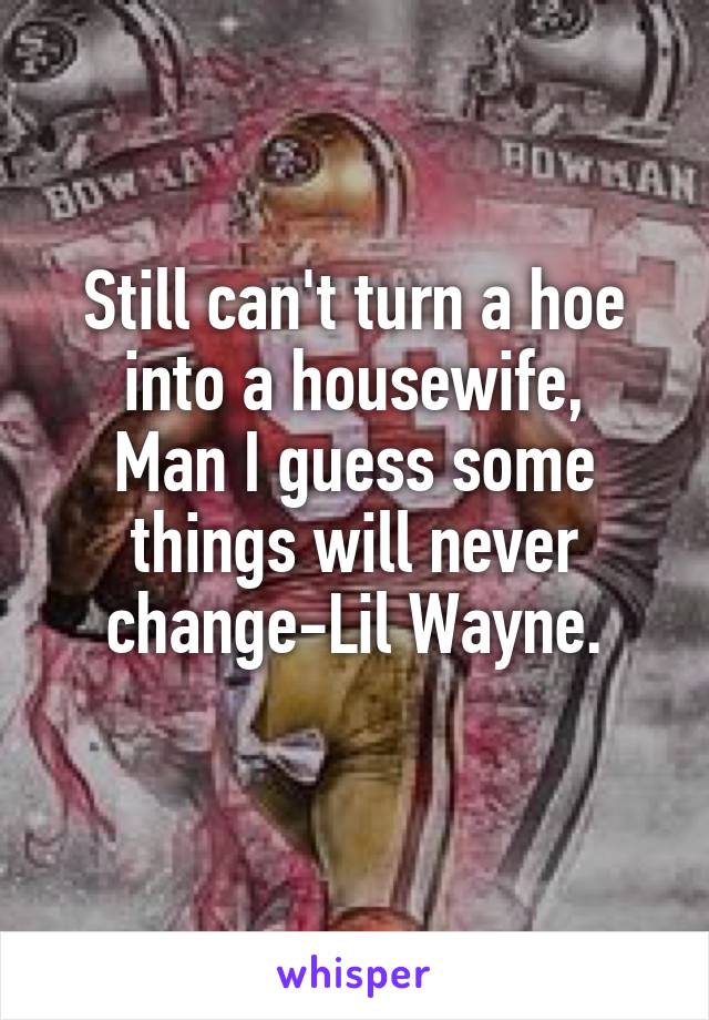 Still can't turn a hoe into a housewife,
Man I guess some things will never change-Lil Wayne.
