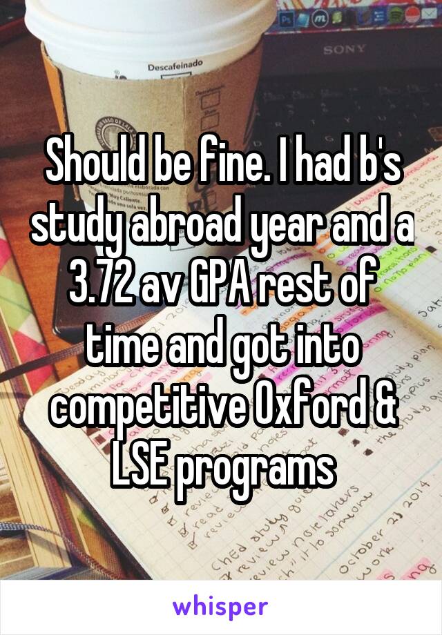 Should be fine. I had b's study abroad year and a 3.72 av GPA rest of time and got into competitive Oxford & LSE programs