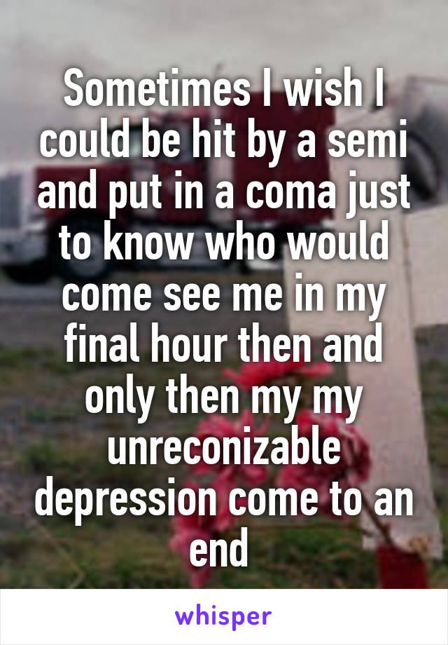 Sometimes I wish I could be hit by a semi and put in a coma just to know who would come see me in my final hour then and only then my my unreconizable depression come to an end 