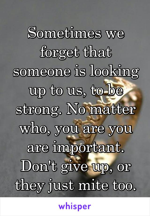 Sometimes we forget that someone is looking up to us, to be strong. No matter who, you are you are important. Don't give up, or they just mite too.