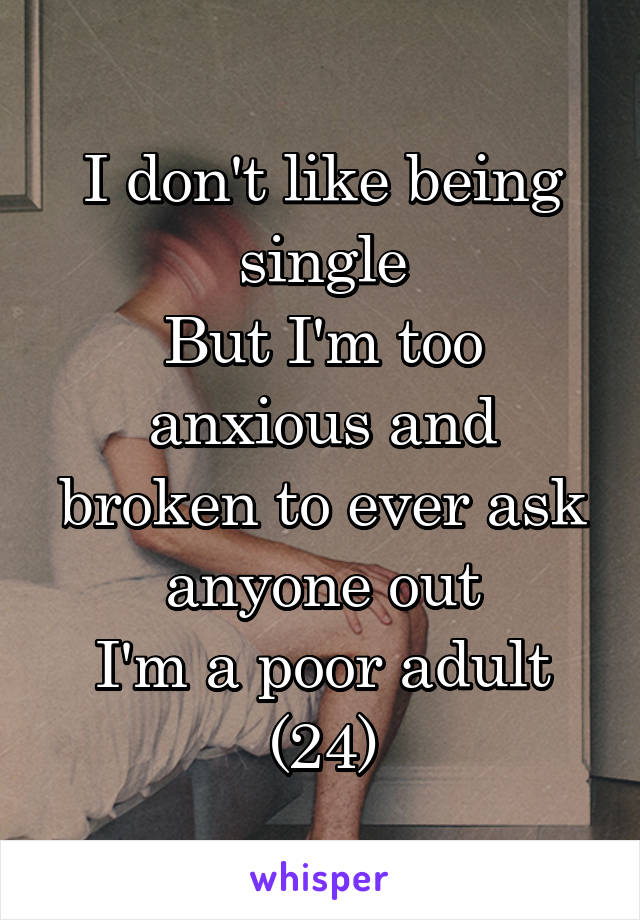 I don't like being single
But I'm too anxious and broken to ever ask anyone out
I'm a poor adult
(24)