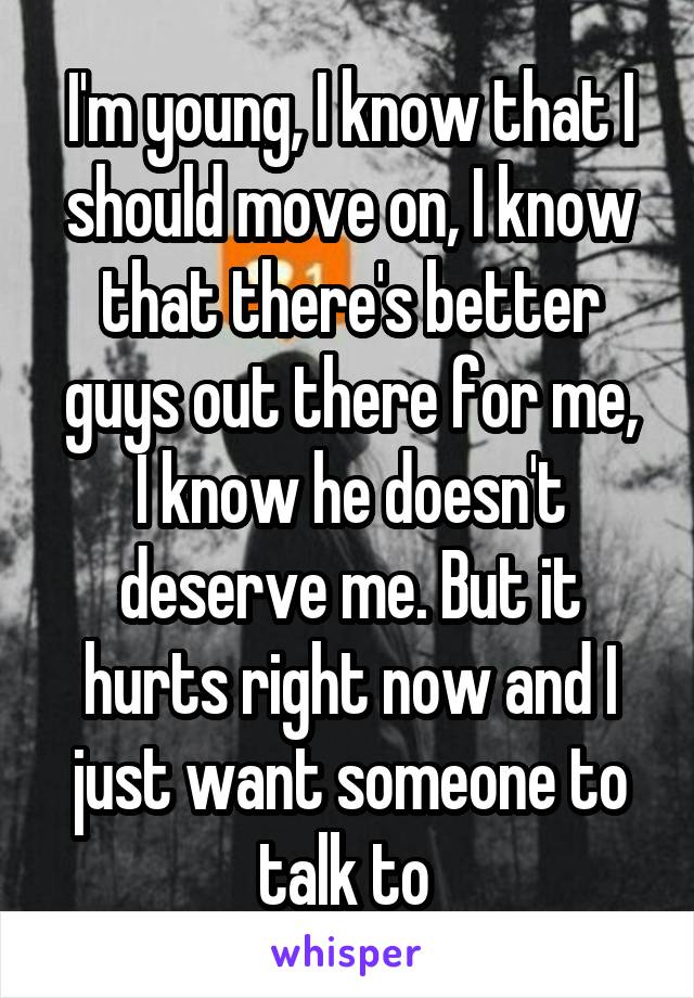 I'm young, I know that I should move on, I know that there's better guys out there for me,
I know he doesn't deserve me. But it hurts right now and I just want someone to talk to 