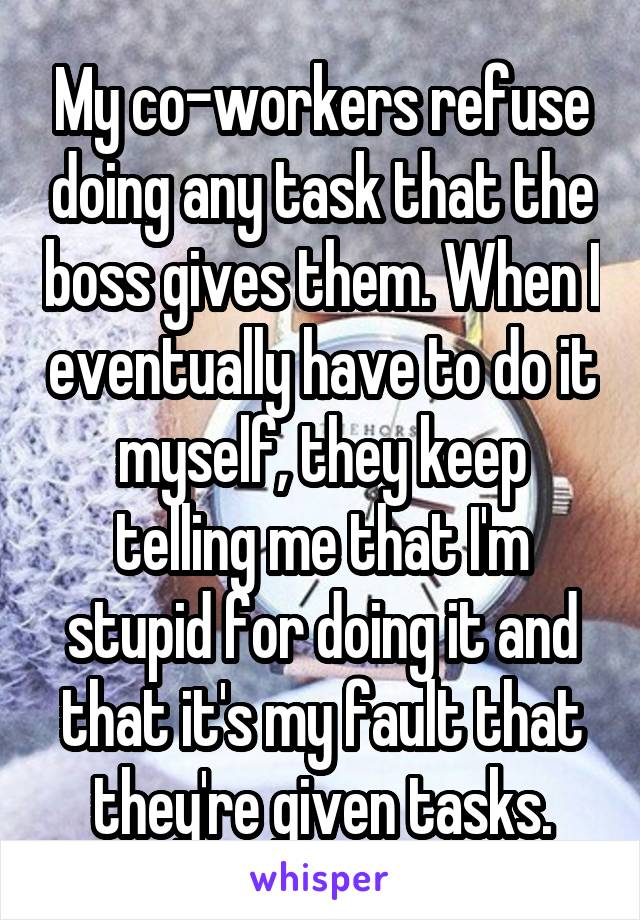 My co-workers refuse doing any task that the boss gives them. When I eventually have to do it myself, they keep telling me that I'm stupid for doing it and that it's my fault that they're given tasks.