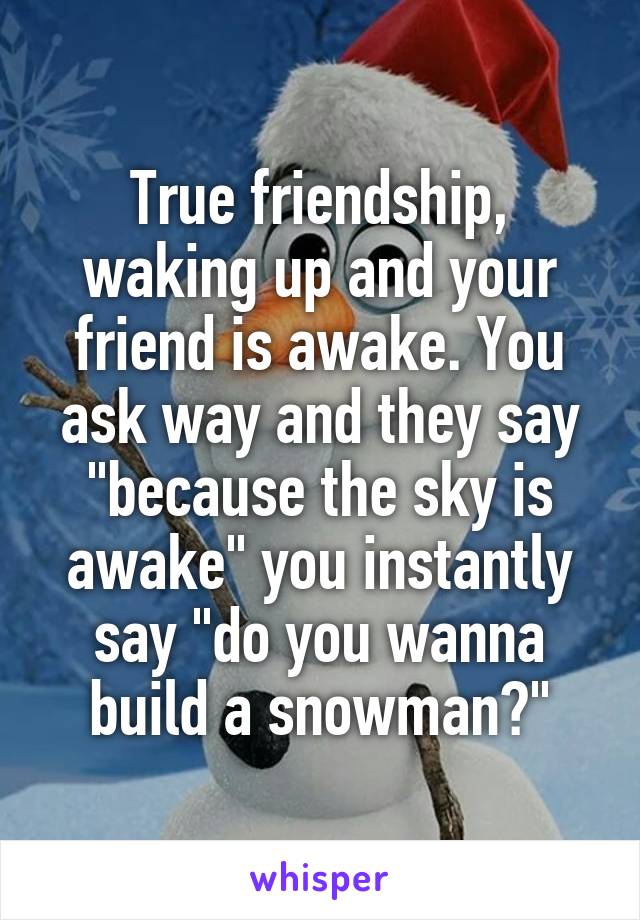 True friendship, waking up and your friend is awake. You ask way and they say "because the sky is awake" you instantly say "do you wanna build a snowman?"