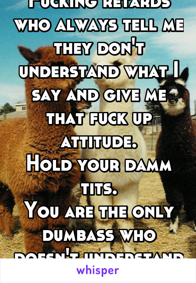 Fucking retards who always tell me they don't understand what I say and give me that fuck up attitude.
Hold your damm tits.
You are the only dumbass who doesn't understand and never tries to.