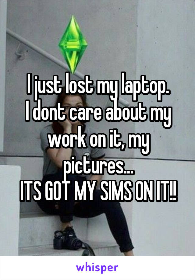 I just lost my laptop.
I dont care about my work on it, my pictures...
ITS GOT MY SIMS ON IT!!