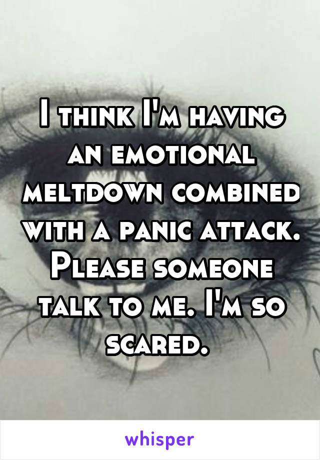 I think I'm having an emotional meltdown combined with a panic attack. Please someone talk to me. I'm so scared. 