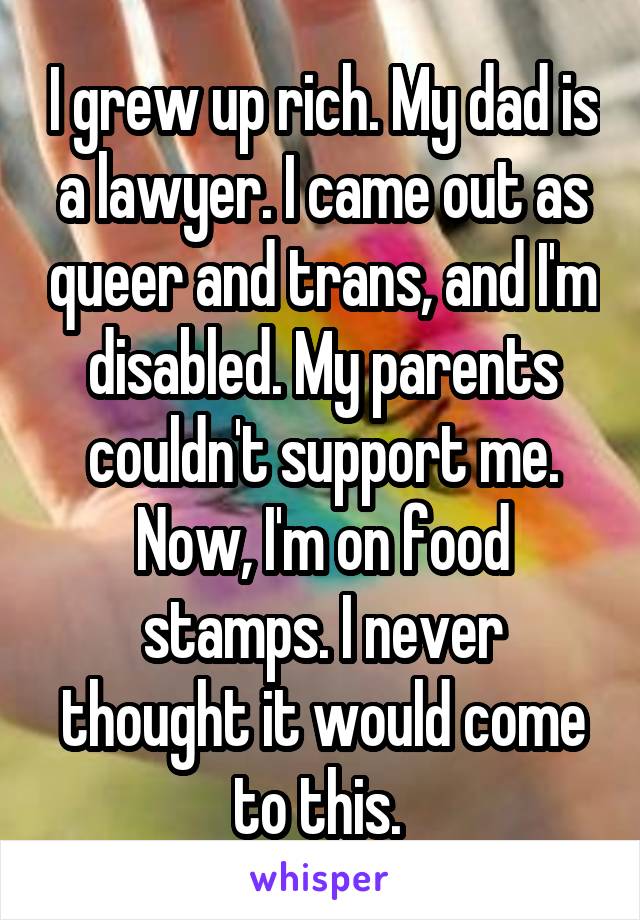I grew up rich. My dad is a lawyer. I came out as queer and trans, and I'm disabled. My parents couldn't support me. Now, I'm on food stamps. I never thought it would come to this. 