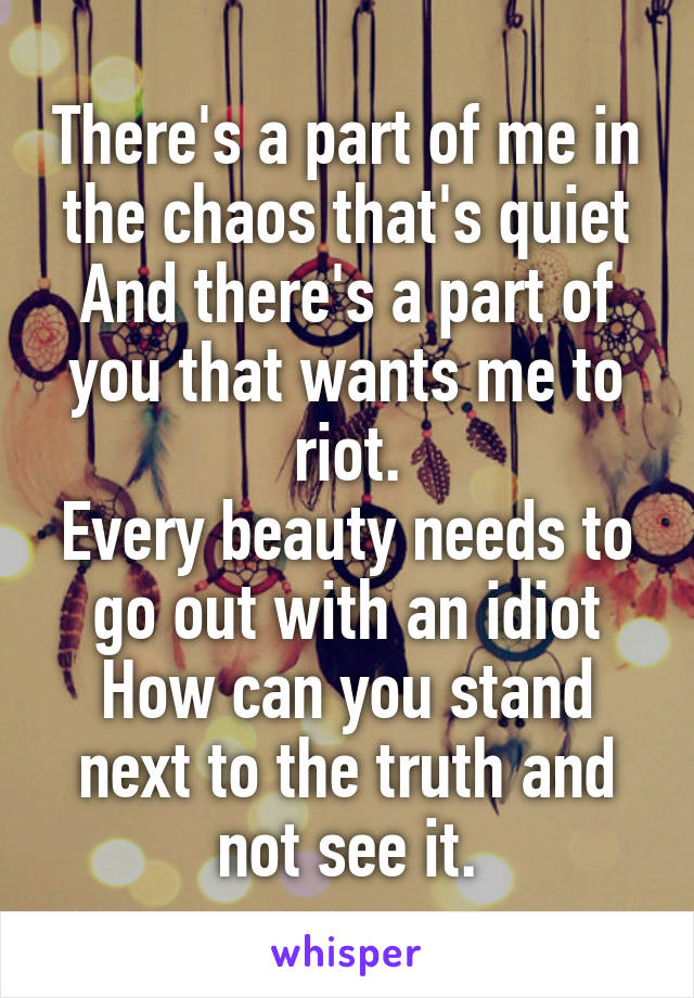 There's a part of me in the chaos that's quiet
And there's a part of you that wants me to riot.
Every beauty needs to go out with an idiot
How can you stand next to the truth and not see it.