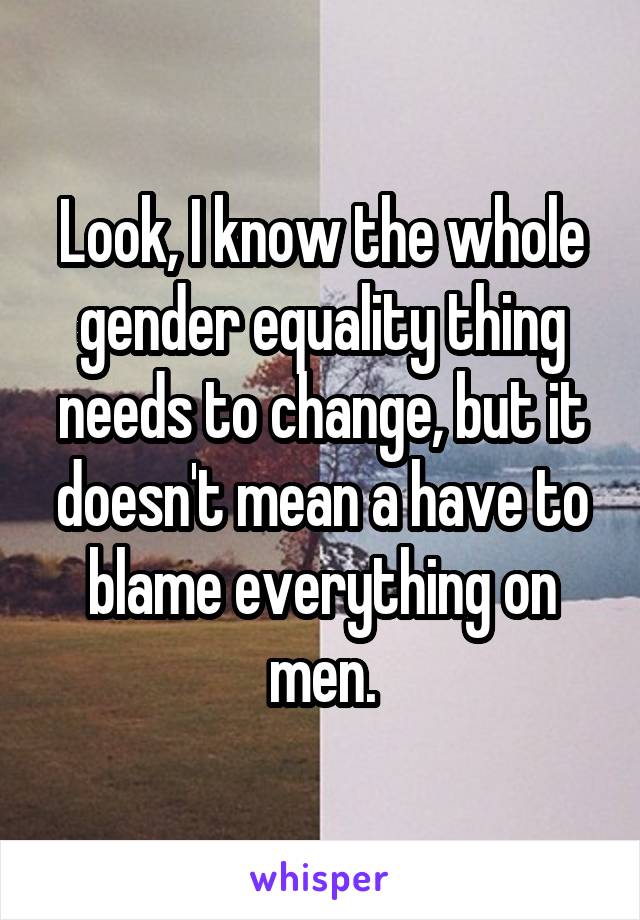 Look, I know the whole gender equality thing needs to change, but it doesn't mean a have to blame everything on men.