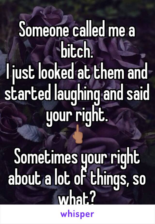 Someone called me a bitch.
I just looked at them and started laughing and said your right.
🖕🏽
Sometimes your right about a lot of things, so what?