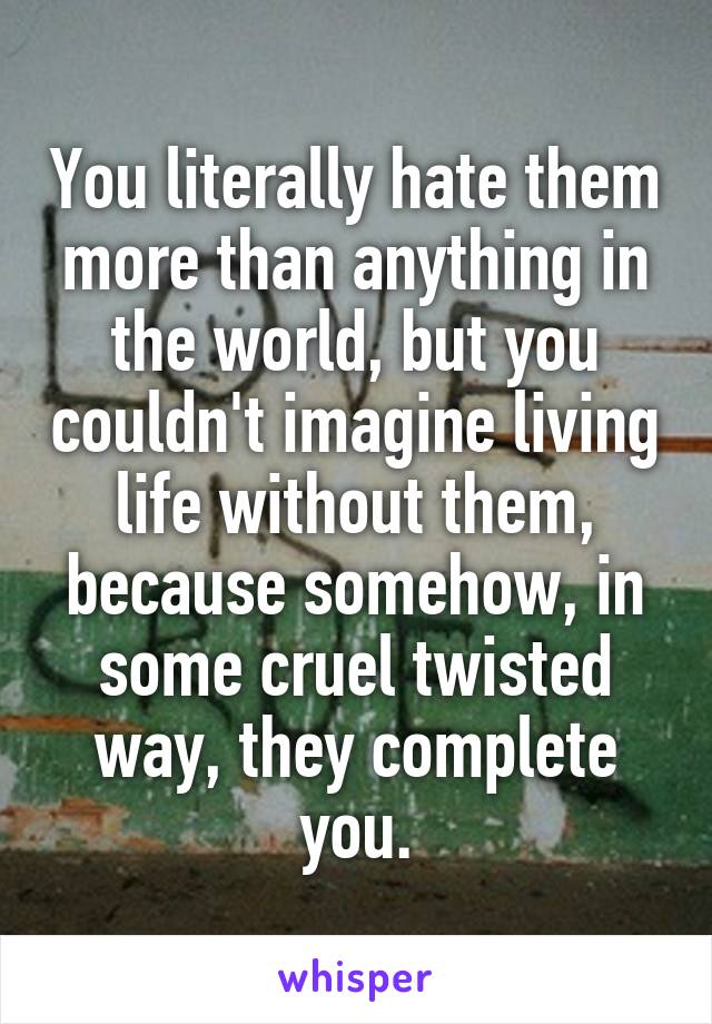 You literally hate them more than anything in the world, but you couldn't imagine living life without them, because somehow, in some cruel twisted way, they complete you.