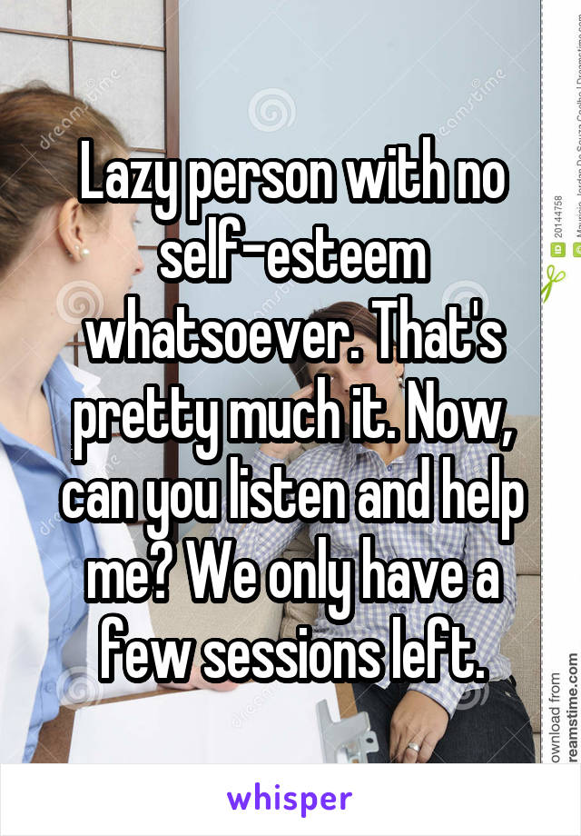 Lazy person with no self-esteem whatsoever. That's pretty much it. Now, can you listen and help me? We only have a few sessions left.