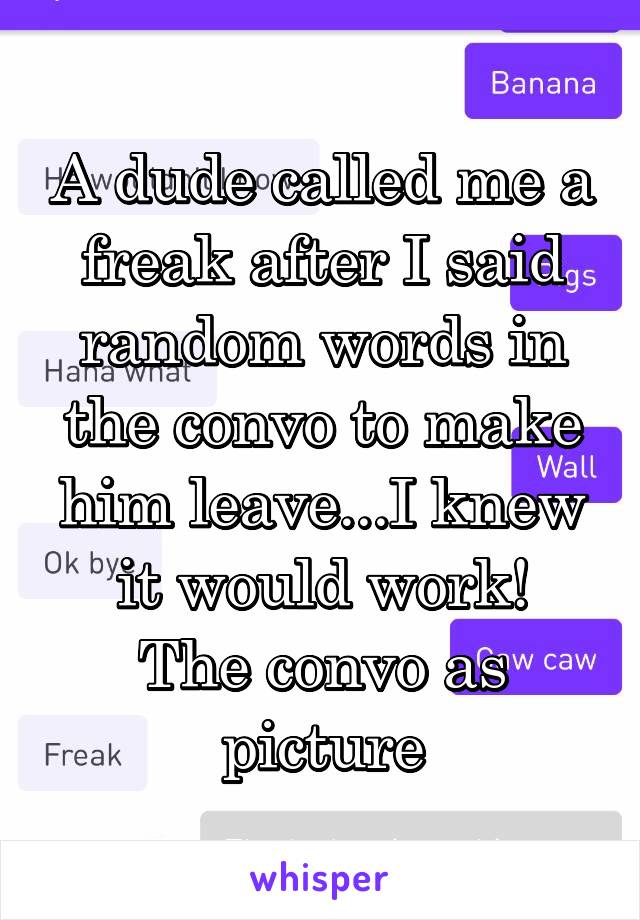 A dude called me a freak after I said random words in the convo to make him leave...I knew it would work!
The convo as picture