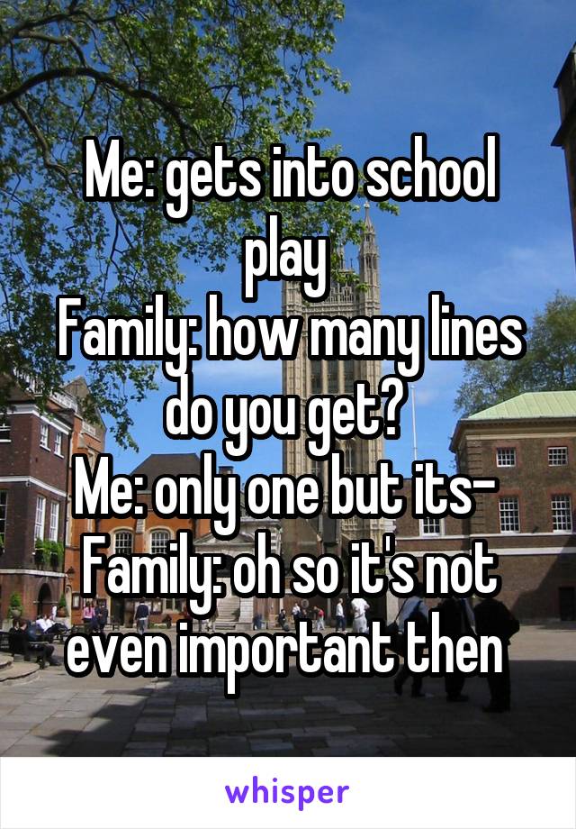 Me: gets into school play 
Family: how many lines do you get? 
Me: only one but its- 
Family: oh so it's not even important then 