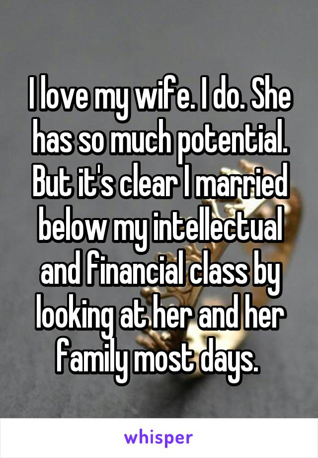 I love my wife. I do. She has so much potential. But it's clear I married below my intellectual and financial class by looking at her and her family most days. 