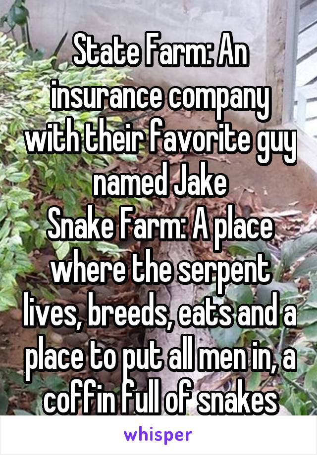 State Farm: An insurance company with their favorite guy named Jake
Snake Farm: A place where the serpent lives, breeds, eats and a place to put all men in, a coffin full of snakes