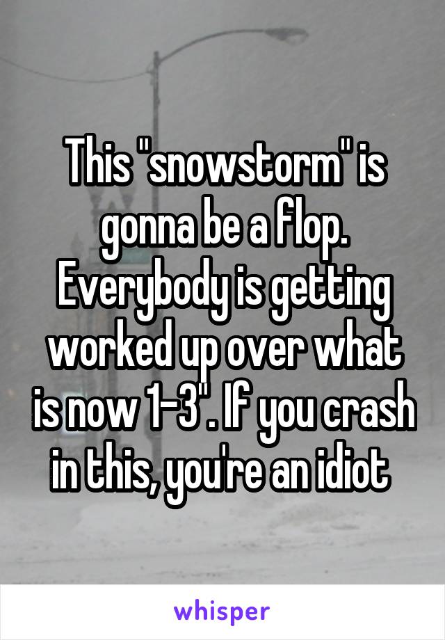 This "snowstorm" is gonna be a flop. Everybody is getting worked up over what is now 1-3". If you crash in this, you're an idiot 