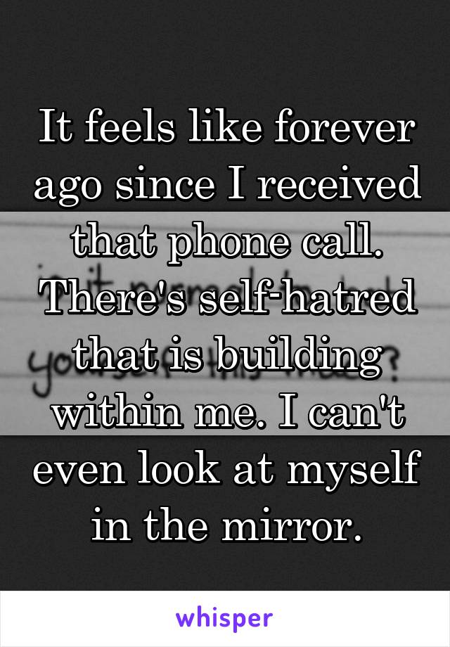 It feels like forever ago since I received that phone call. There's self-hatred that is building within me. I can't even look at myself in the mirror.