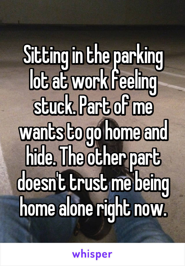 Sitting in the parking lot at work feeling stuck. Part of me wants to go home and hide. The other part doesn't trust me being home alone right now.