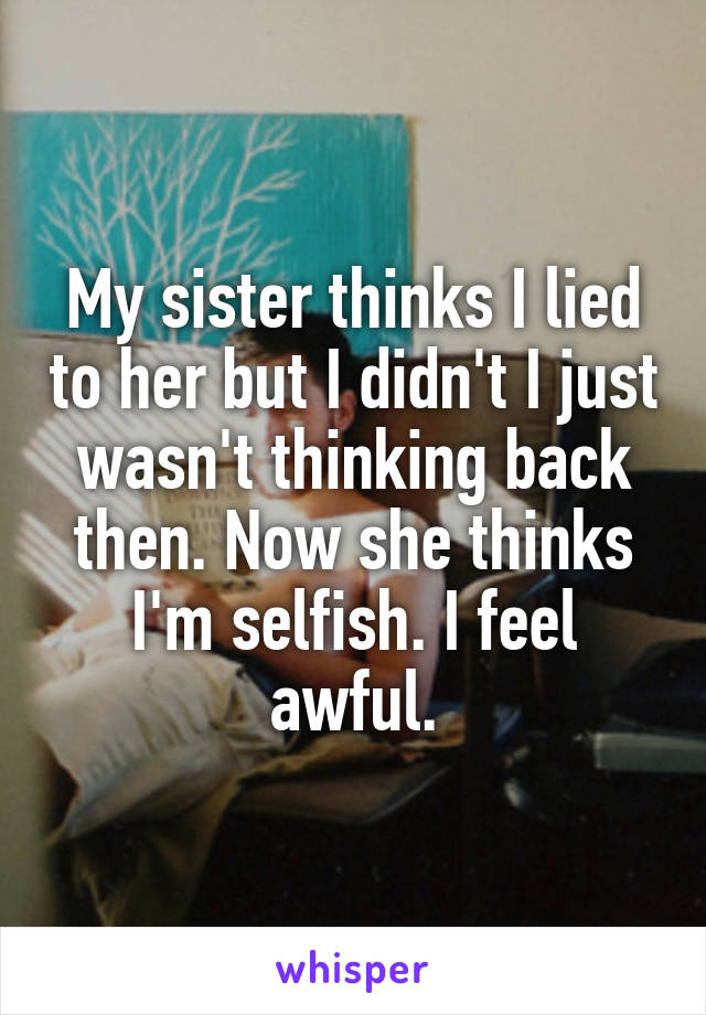 My sister thinks I lied to her but I didn't I just wasn't thinking back then. Now she thinks I'm selfish. I feel awful.