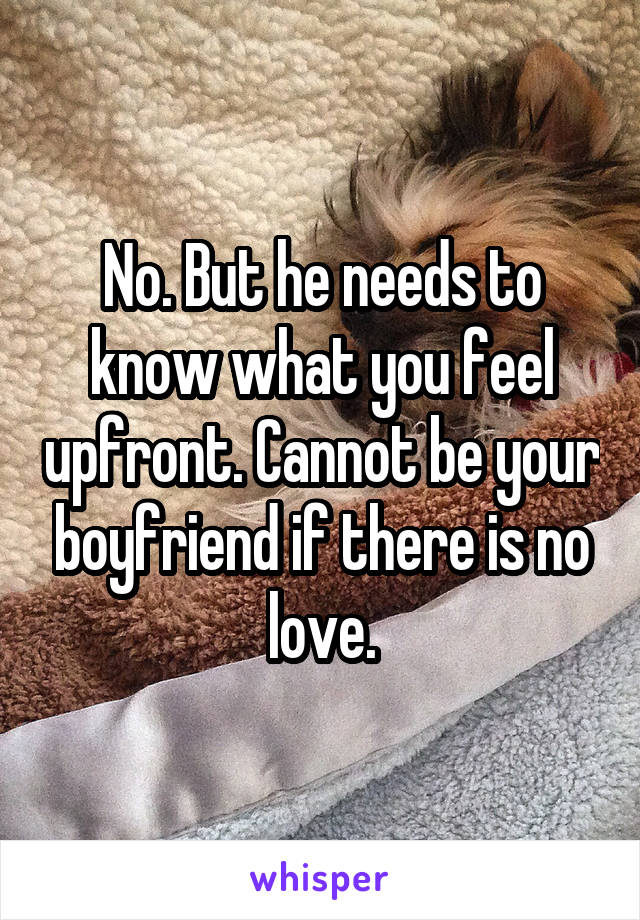 No. But he needs to know what you feel upfront. Cannot be your boyfriend if there is no love.