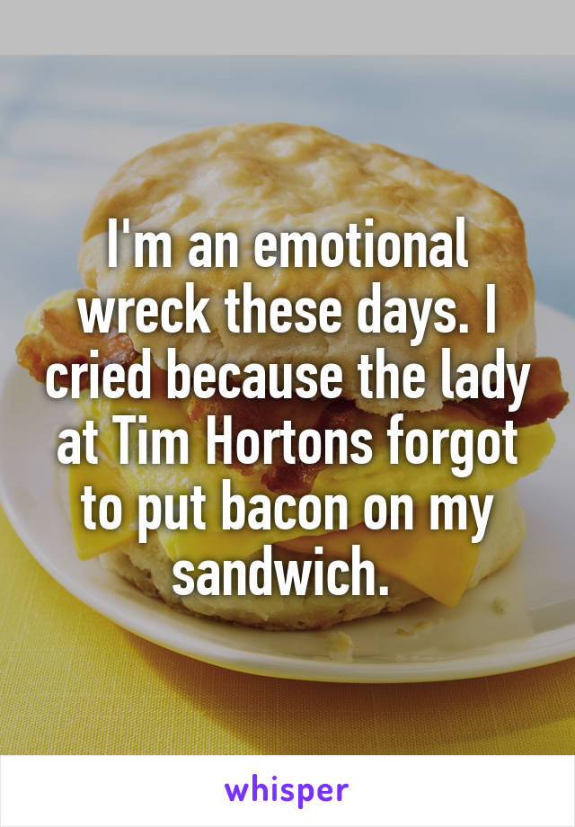 I'm an emotional wreck these days. I cried because the lady at Tim Hortons forgot to put bacon on my sandwich. 