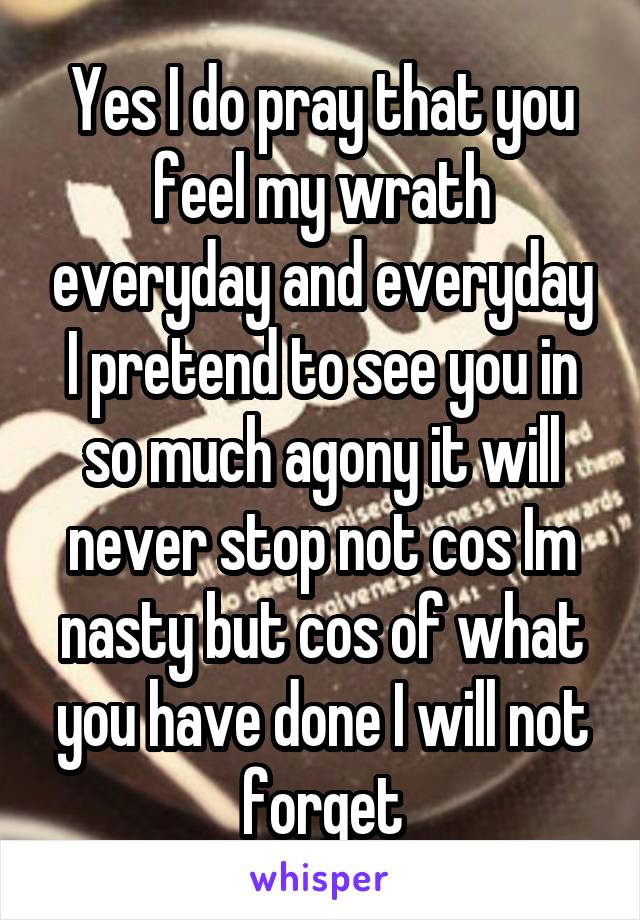 Yes I do pray that you feel my wrath everyday and everyday I pretend to see you in so much agony it will never stop not cos Im nasty but cos of what you have done I will not forget