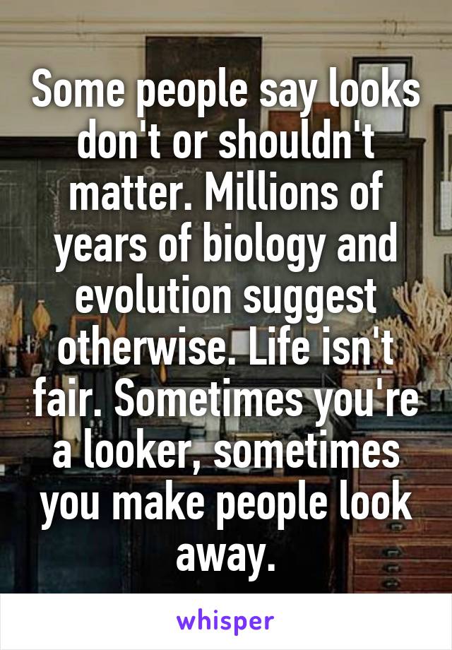 Some people say looks don't or shouldn't matter. Millions of years of biology and evolution suggest otherwise. Life isn't fair. Sometimes you're a looker, sometimes you make people look away.