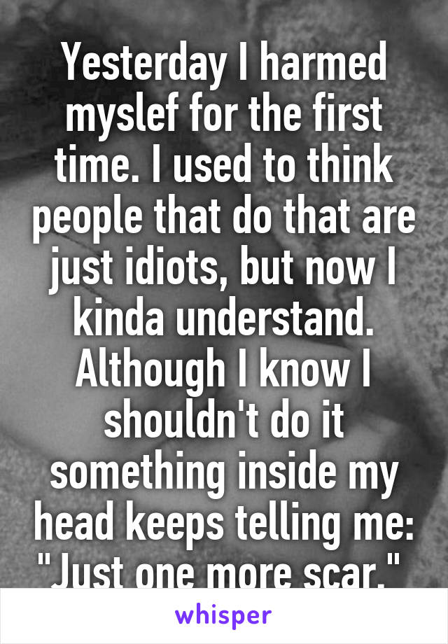 Yesterday I harmed myslef for the first time. I used to think people that do that are just idiots, but now I kinda understand. Although I know I shouldn't do it something inside my head keeps telling me: "Just one more scar." 