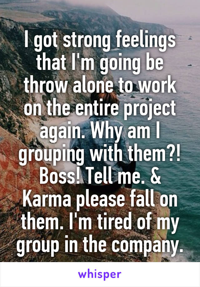 I got strong feelings that I'm going be throw alone to work on the entire project again. Why am I grouping with them?! Boss! Tell me. & Karma please fall on them. I'm tired of my group in the company.