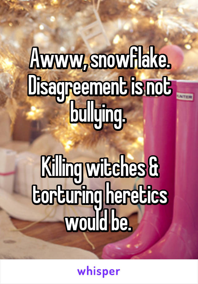 Awww, snowflake. Disagreement is not bullying. 

Killing witches & torturing heretics would be. 