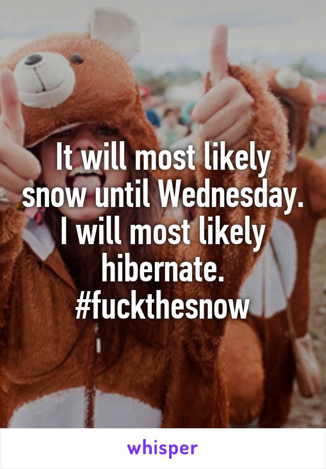 It will most likely snow until Wednesday. I will most likely hibernate.
#fuckthesnow