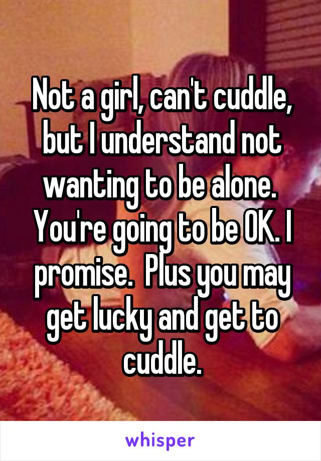 Not a girl, can't cuddle, but I understand not wanting to be alone.  You're going to be OK. I promise.  Plus you may get lucky and get to cuddle.