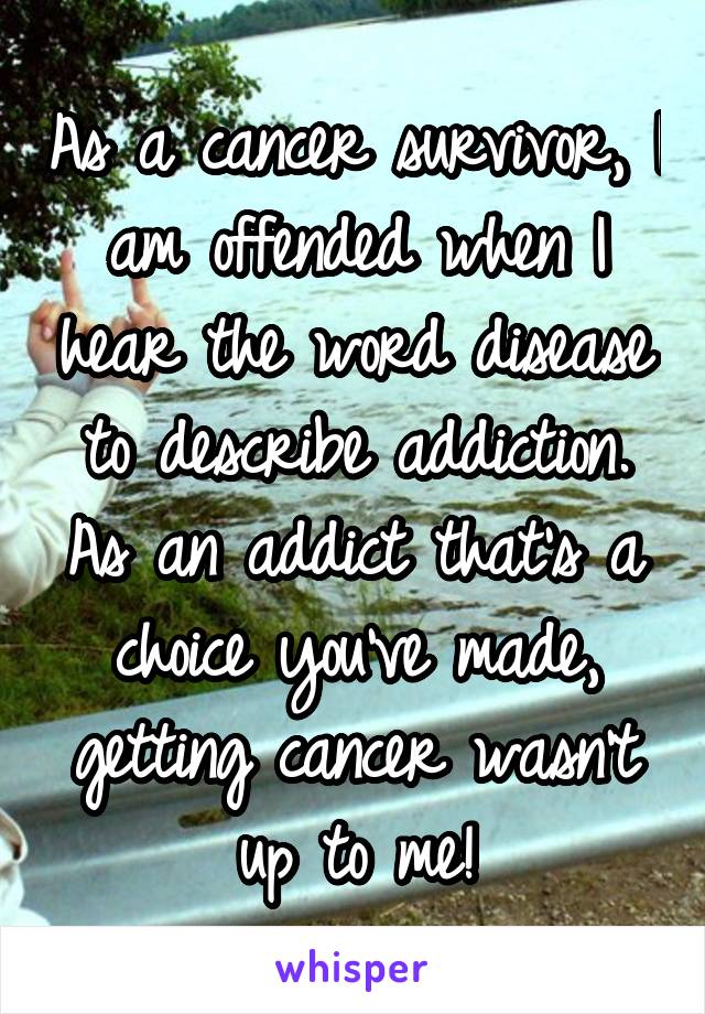 As a cancer survivor, I am offended when I hear the word disease to describe addiction. As an addict that's a choice you've made, getting cancer wasn't up to me!