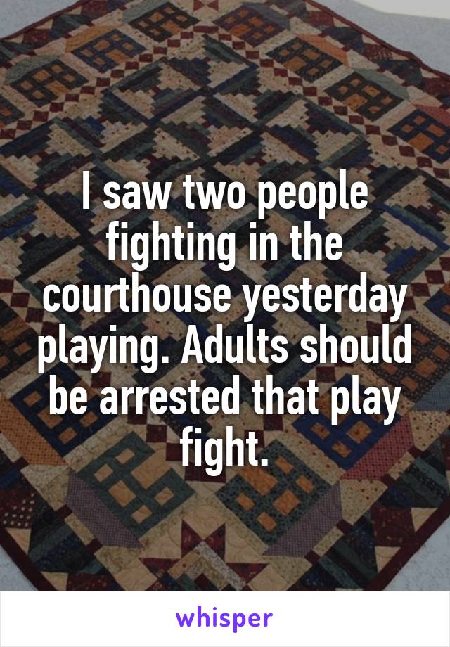 I saw two people fighting in the courthouse yesterday playing. Adults should be arrested that play fight.