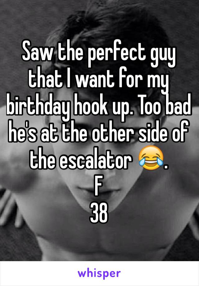 Saw the perfect guy that I want for my birthday hook up. Too bad he's at the other side of the escalator 😂.
F
38