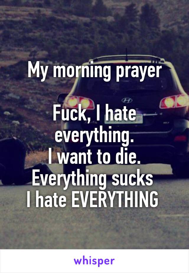 My morning prayer

Fuck, I hate everything.
I want to die.
Everything sucks 
I hate EVERYTHING 