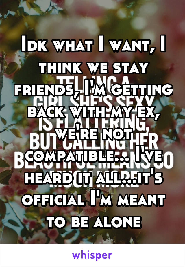 Idk what I want, I think we stay friends, I'm getting back with my ex, we're not compatible... I've heard it all...it's official I'm meant to be alone