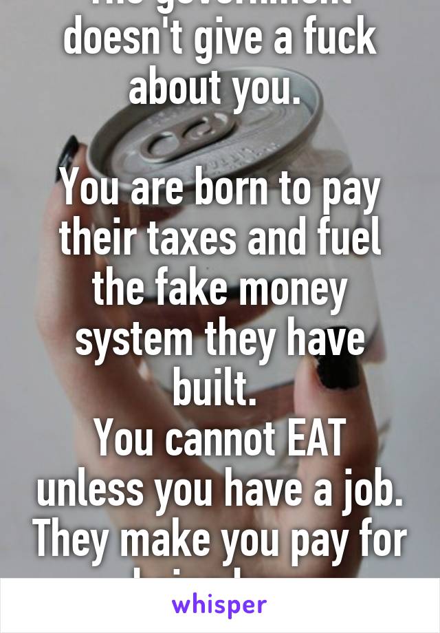 The government doesn't give a fuck about you. 

You are born to pay their taxes and fuel the fake money system they have built. 
You cannot EAT unless you have a job. They make you pay for being born
