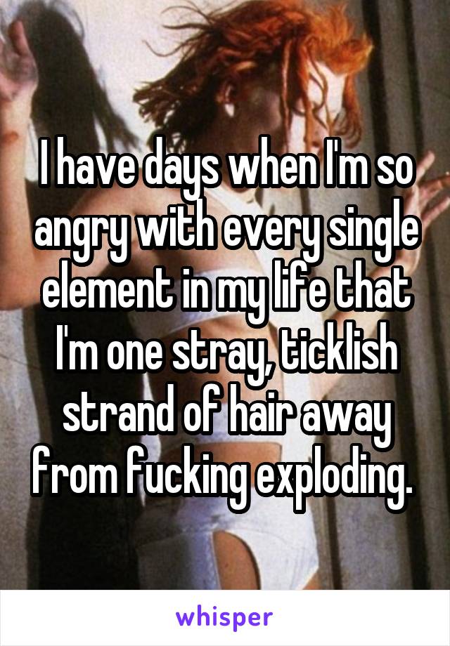 I have days when I'm so angry with every single element in my life that I'm one stray, ticklish strand of hair away from fucking exploding. 