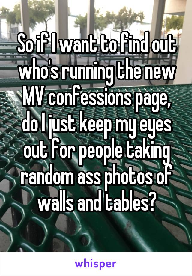 So if I want to find out who's running the new MV confessions page, do I just keep my eyes out for people taking random ass photos of walls and tables?
