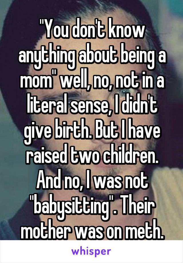 "You don't know anything about being a mom" well, no, not in a literal sense, I didn't give birth. But I have raised two children. And no, I was not "babysitting". Their mother was on meth.