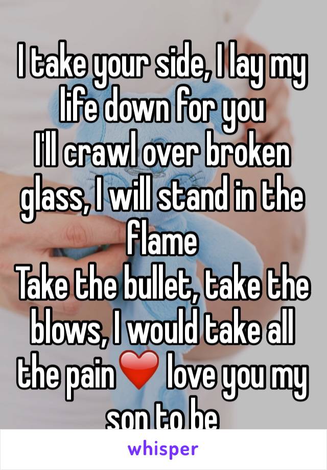 I take your side, I lay my life down for you
I'll crawl over broken glass, I will stand in the flame
Take the bullet, take the blows, I would take all the pain❤️ love you my son to be