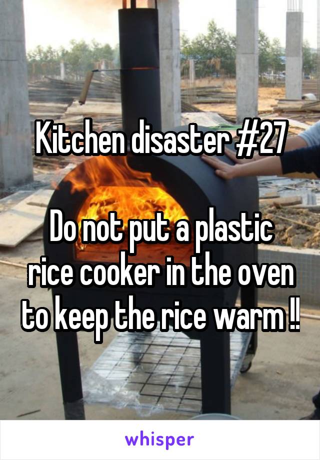 Kitchen disaster #27

Do not put a plastic rice cooker in the oven to keep the rice warm !!