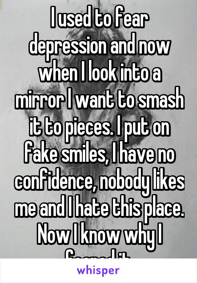 I used to fear depression and now when I look into a mirror I want to smash it to pieces. I put on fake smiles, I have no confidence, nobody likes me and I hate this place. Now I know why I feared it.