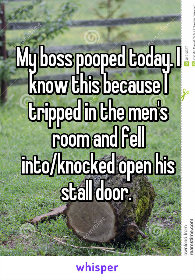 My boss pooped today. I know this because I tripped in the men's room and fell into/knocked open his stall door. 
