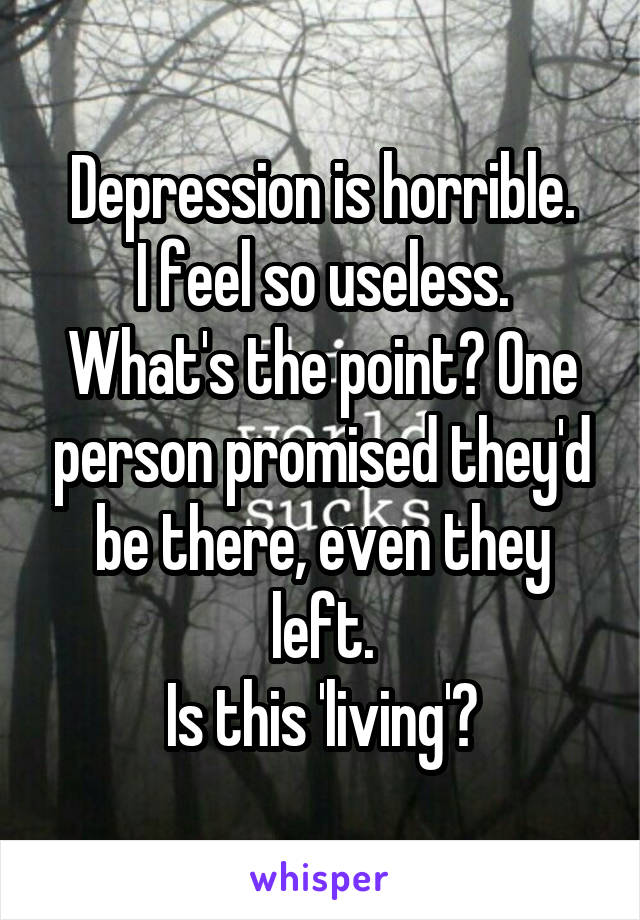 Depression is horrible.
I feel so useless. What's the point? One person promised they'd be there, even they left.
Is this 'living'?