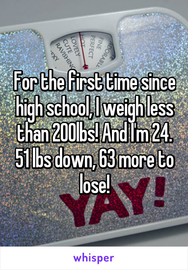 For the first time since high school, I weigh less than 200lbs! And I'm 24. 51 lbs down, 63 more to lose!