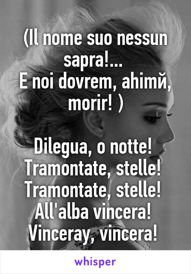 (Il nome suo nessun sapra!... 
E noi dovrem, ahimй, morir! )

Dilegua, o notte! 
Tramontate, stelle! 
Tramontate, stelle! 
All'alba vincera! 
Vinceraу, vincera! 